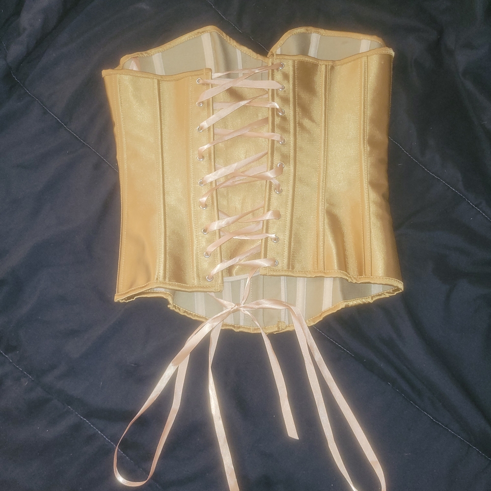 Vintage Gold Satin Boned Lace-Up Corset - Picture 3 of 9